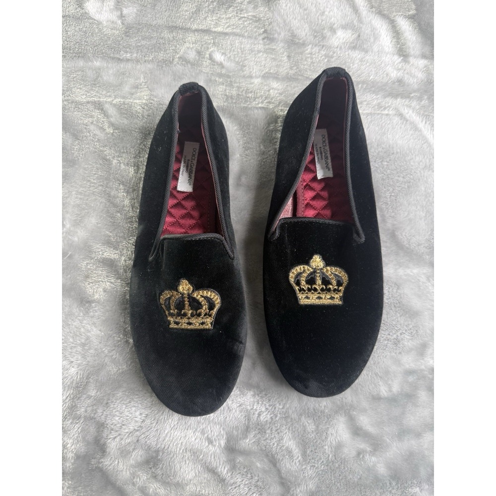 DOLCE & GABBANA Crystal Crown Embroidery Velvet Loafer Shoes YOUNG POPE Black 34